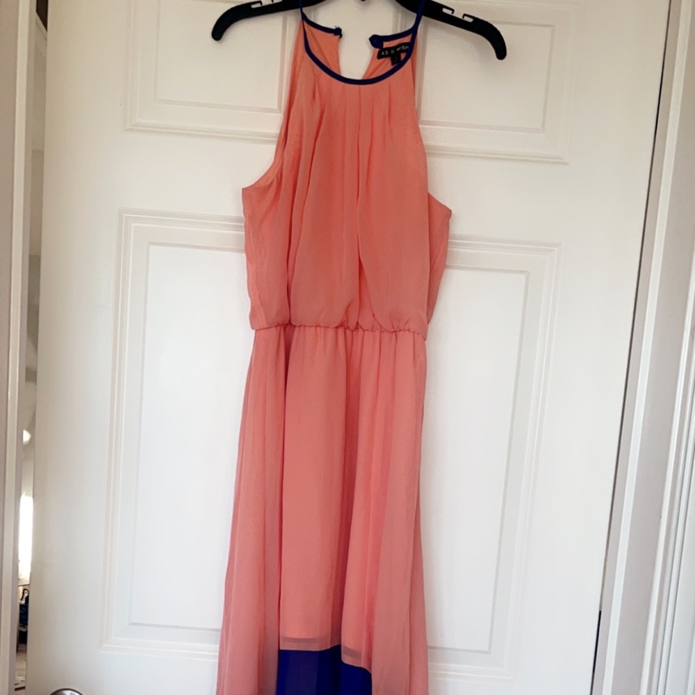 Boutique Coral & Blue high low dress size small